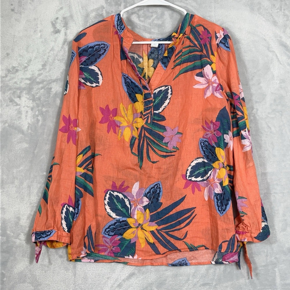 Old Navy Linen Blend Orange Floral Print V-neck Long Sleeve Top Sz‎ L